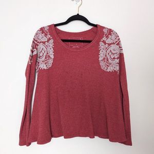 Free People We the Free Red Waffle Knit Paisley Long Sleeve T-Shirt